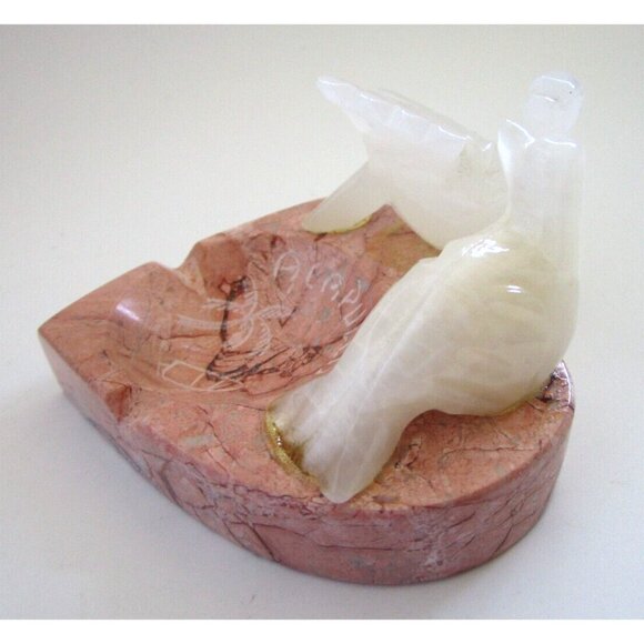 Mexican Souvenir White Alabaster Birds Pink Granite Stone Heart Ashtray Handmade - Picture 5 of 11